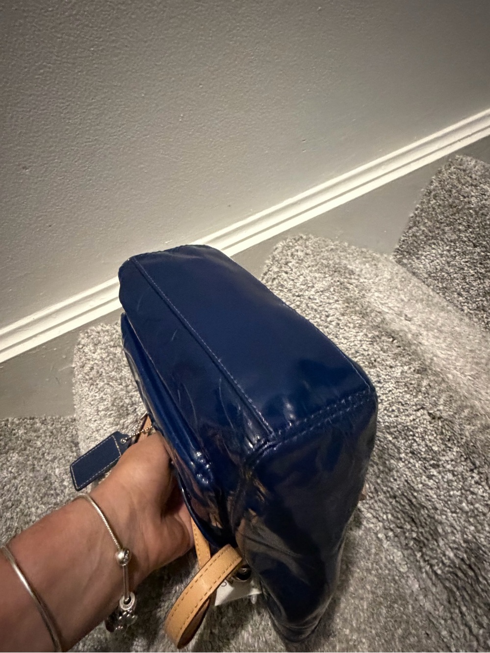 Coach Leah Embossed Signature Navy Blue Patent Leather Hand Bag - Picture 7 of 8